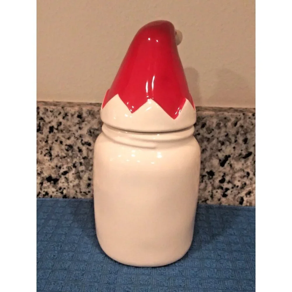 Rae Dunn JINGLE BELLS CANISTER Cookie Jar Santa Elf Hat Holiday Christmas EUC 9